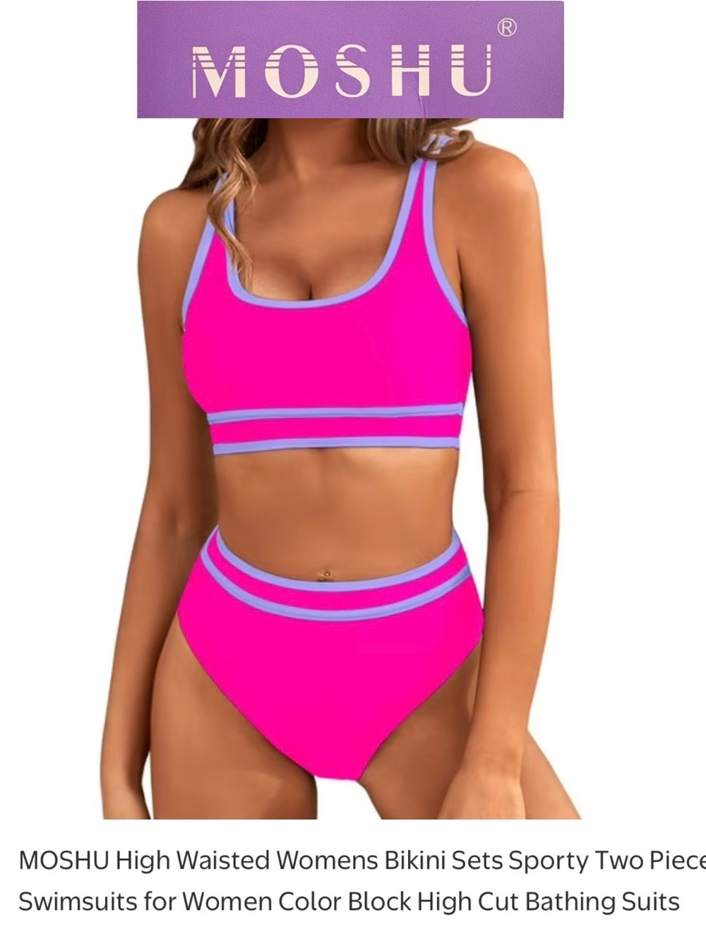 MOSHU Pink Color-Block High-Waist Sports Bikini Adjustable Straps L NWT